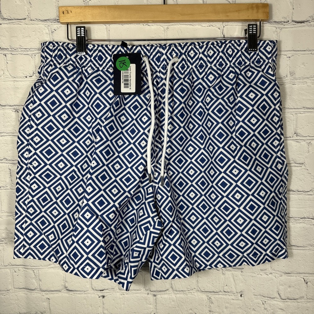 NEW Collars & Co Swim Trunks Mens Medium Navy Geo Board Shorts Swimwear